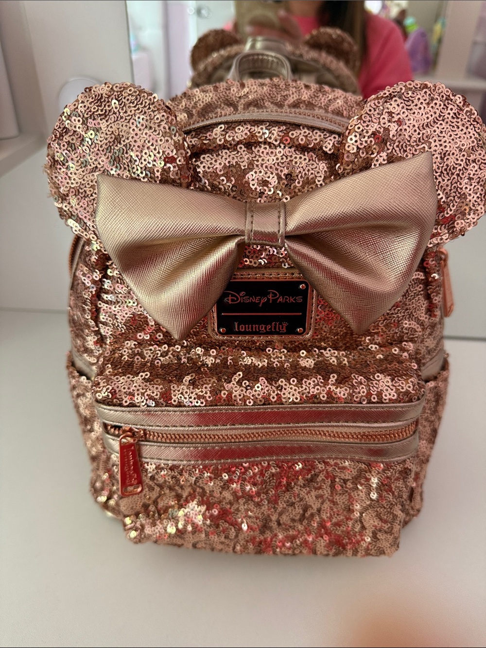 Loungefly Rose Gold Sequin Mini Backpack with Bow and Ears